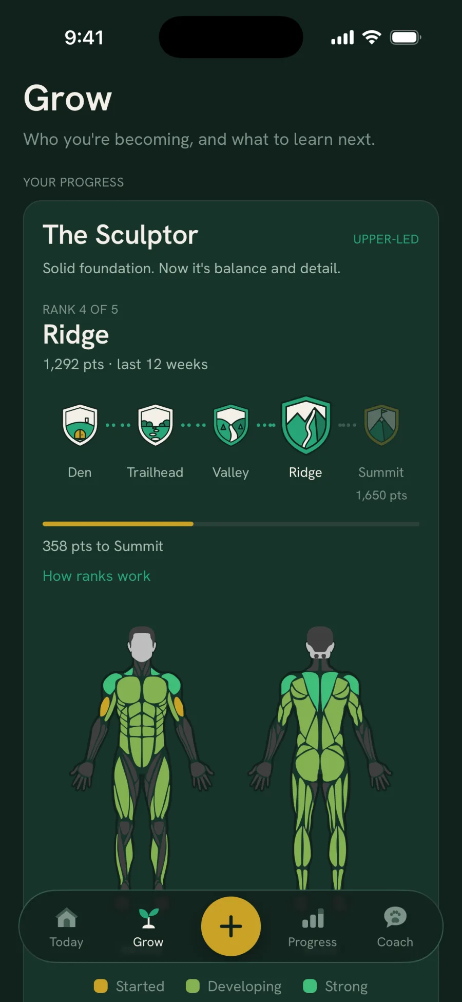 The RecompX Grow tab: your Training Type, rank on the Den-to-Summit trail, and muscle map