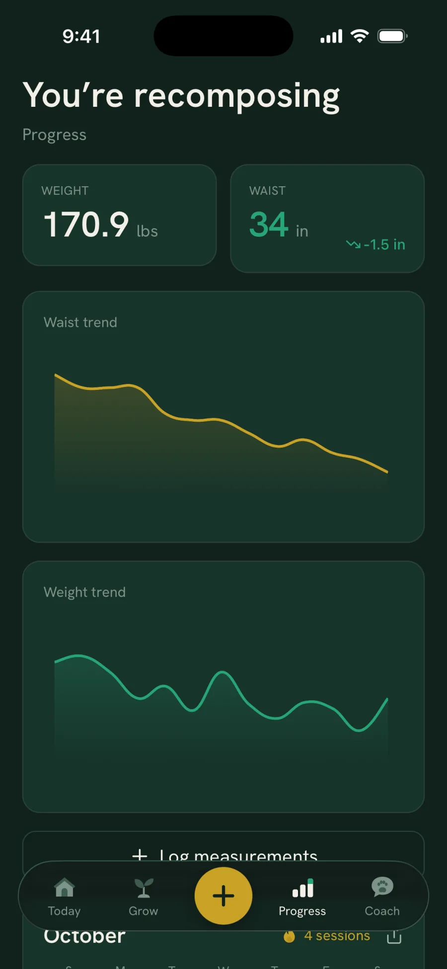 RecompX progress: waist trending down while bodyweight holds steady
