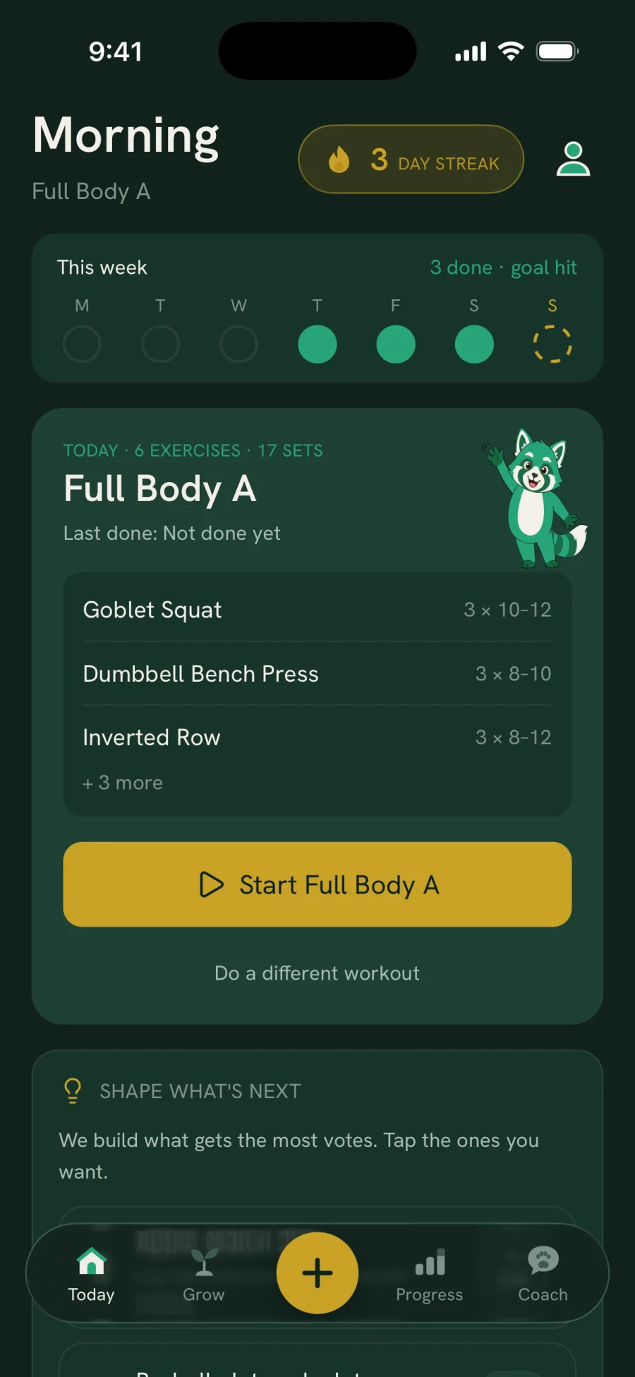 The RecompX Today screen: this week's dots, today's workout and the streak
