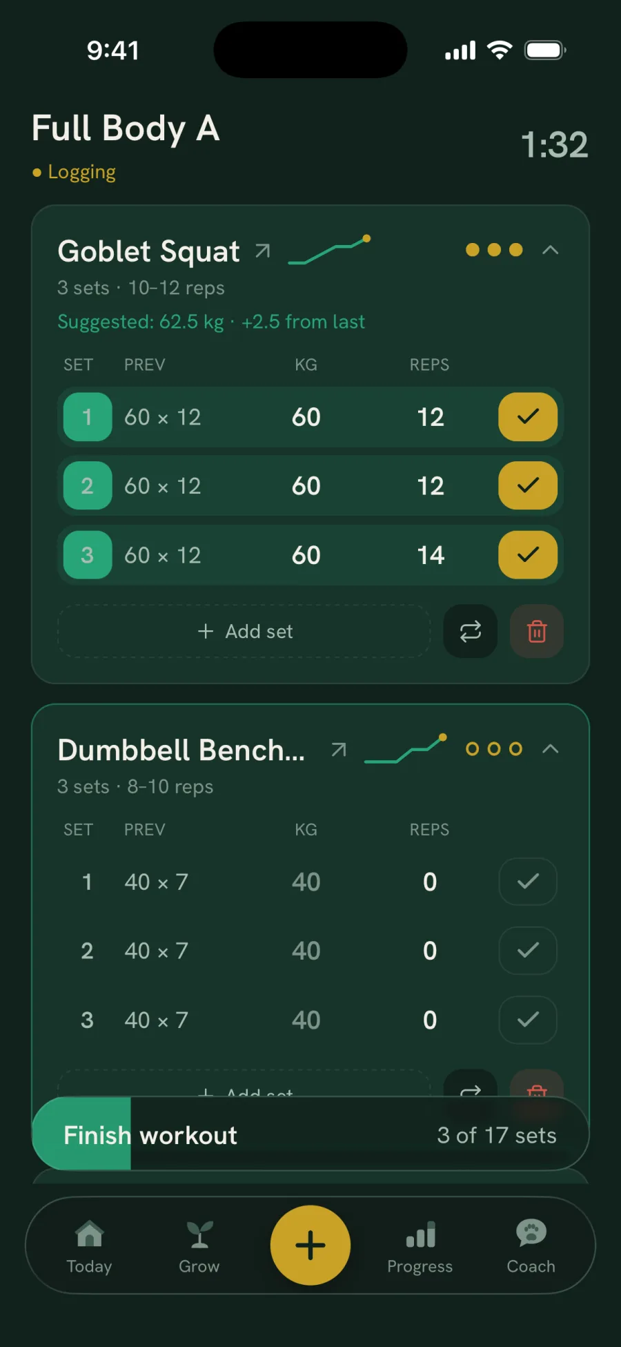 Logging goblet squat sets in RecompX, with last session's numbers beside each set